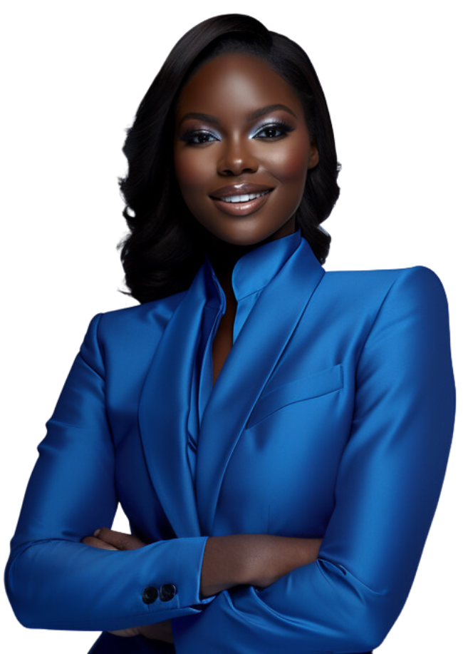 A black woman in a blue suit posing for a photo.