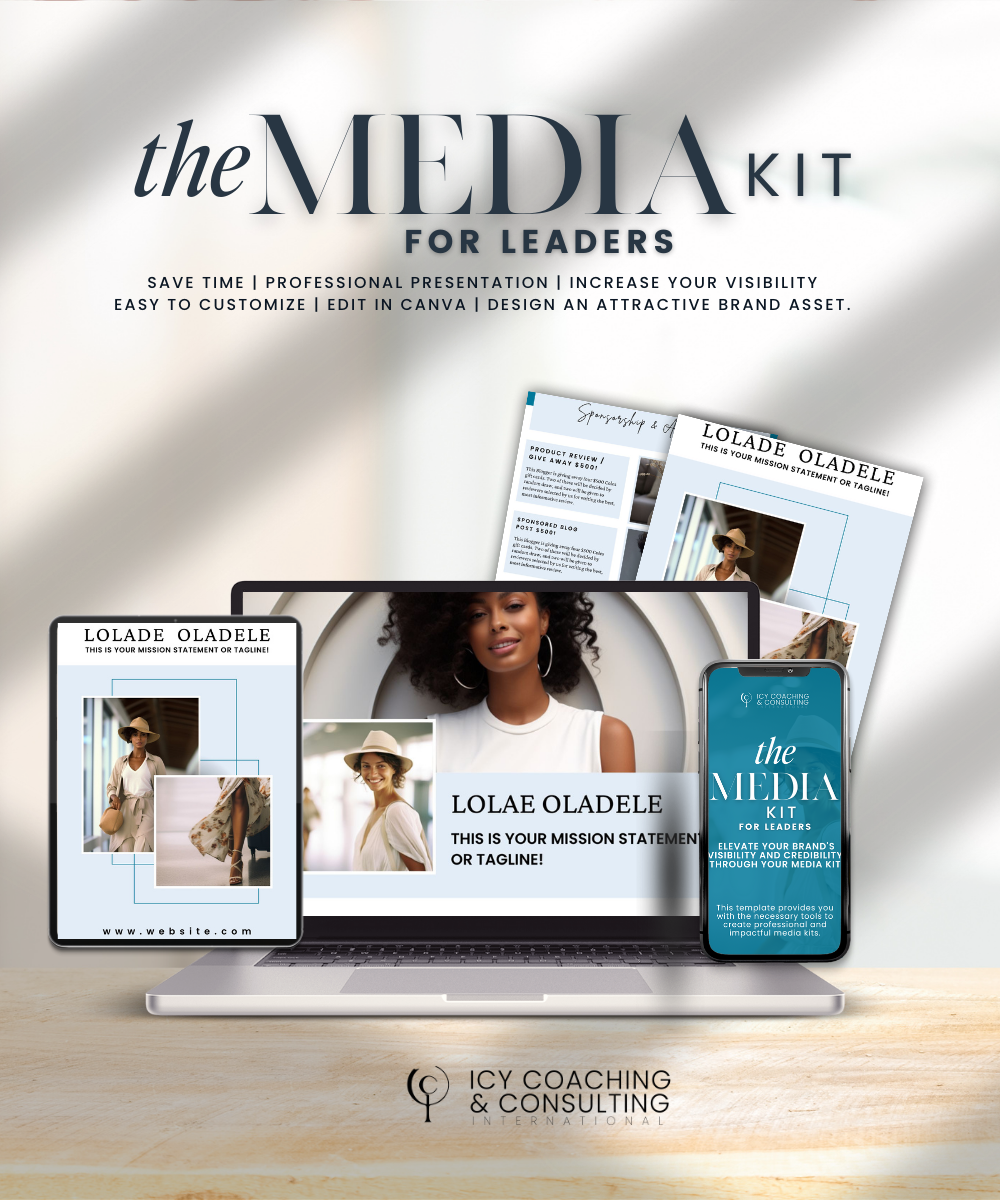 Promotional poster for "The Media Kit" featuring a laptop, tablet, and smartphone displaying pages of the kit, with a portrait of a smiling Black woman.