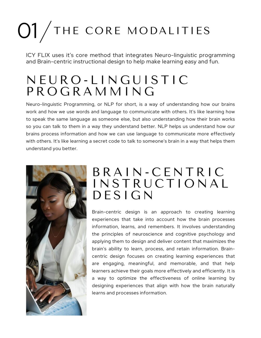 A document titled "The Core Modalities" describes Neuro-linguistic Programming (NLP) and Brain-centric Instructional Design. An image of a person wearing headphones is included.