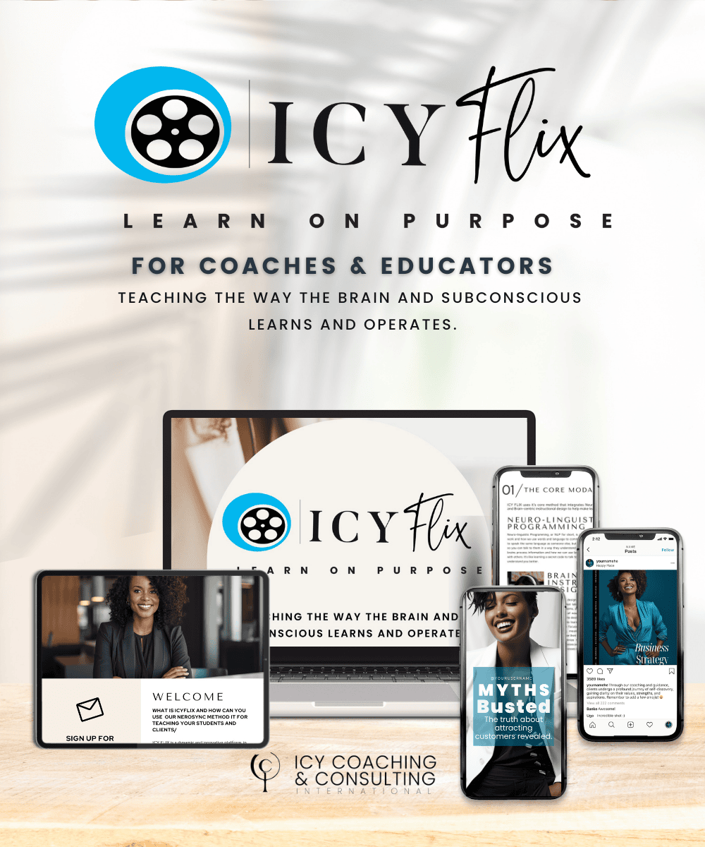 A promotional image for IcyFlix, a coaching and education platform, featuring various digital devices displaying course content and the tagline "Learn on Purpose for Coaches & Educators.