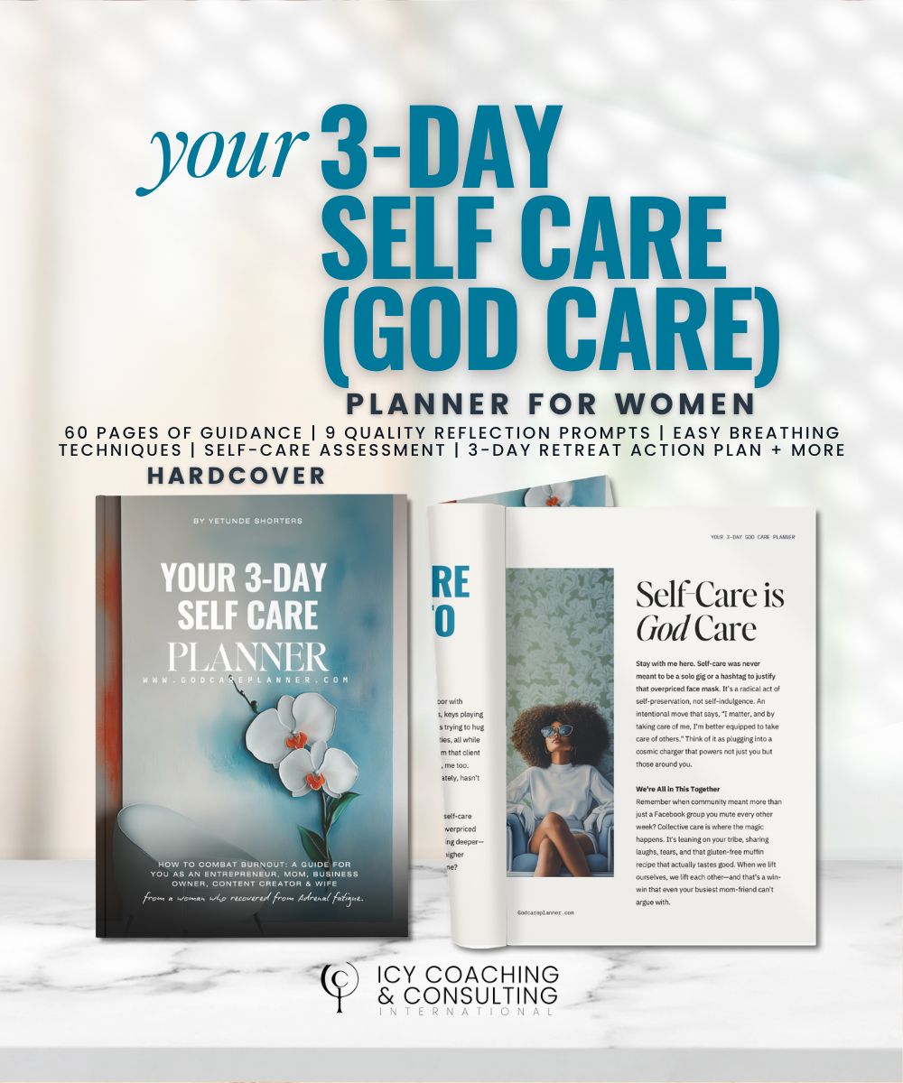 Image of an advertisement for the "3-Day Self Care (God Care) Planner for Women," featuring a hardcover book with a self-care theme and an open page showing text and a photo of a woman.