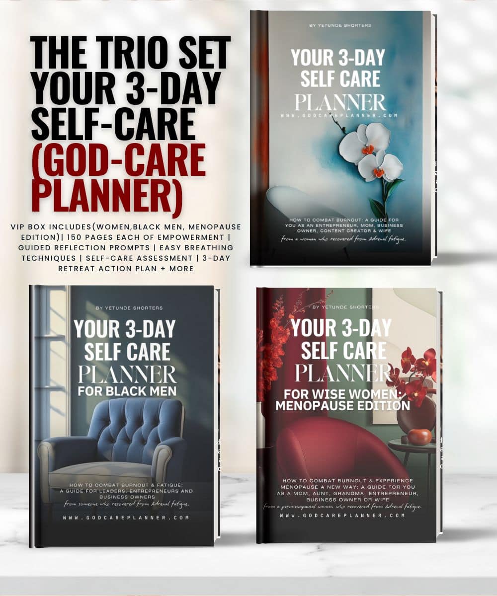 Three book covers for self-care planners: God-Care, for Black men, and menopause edition. Includes assessments, prompt guides, and more in a VIP box.