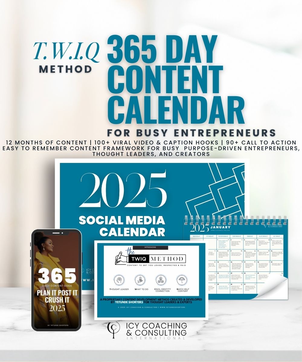 Promotional image for a "365 Day Content Calendar" by ICY Coaching & Consulting, featuring a 2025 social media calendar, a smartphone, and a course guide.